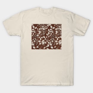 WHITE LEAVES AND TREE BRANCHES IN BROWN Antique Japanese Floral Pattern T-Shirt